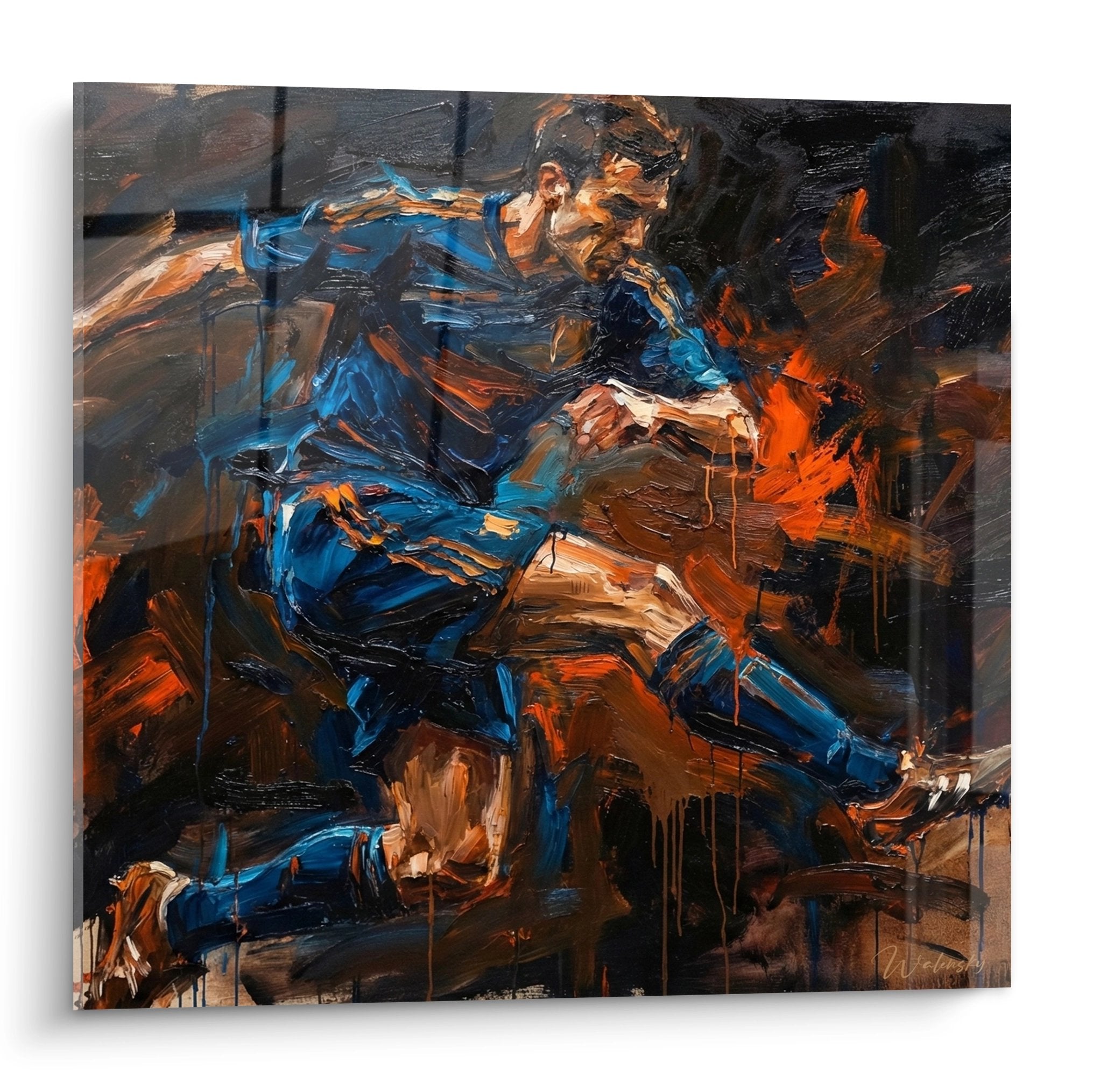 Tableau expressionniste footballeur en action maillot bleu peinture dynamique art sportif contemporain