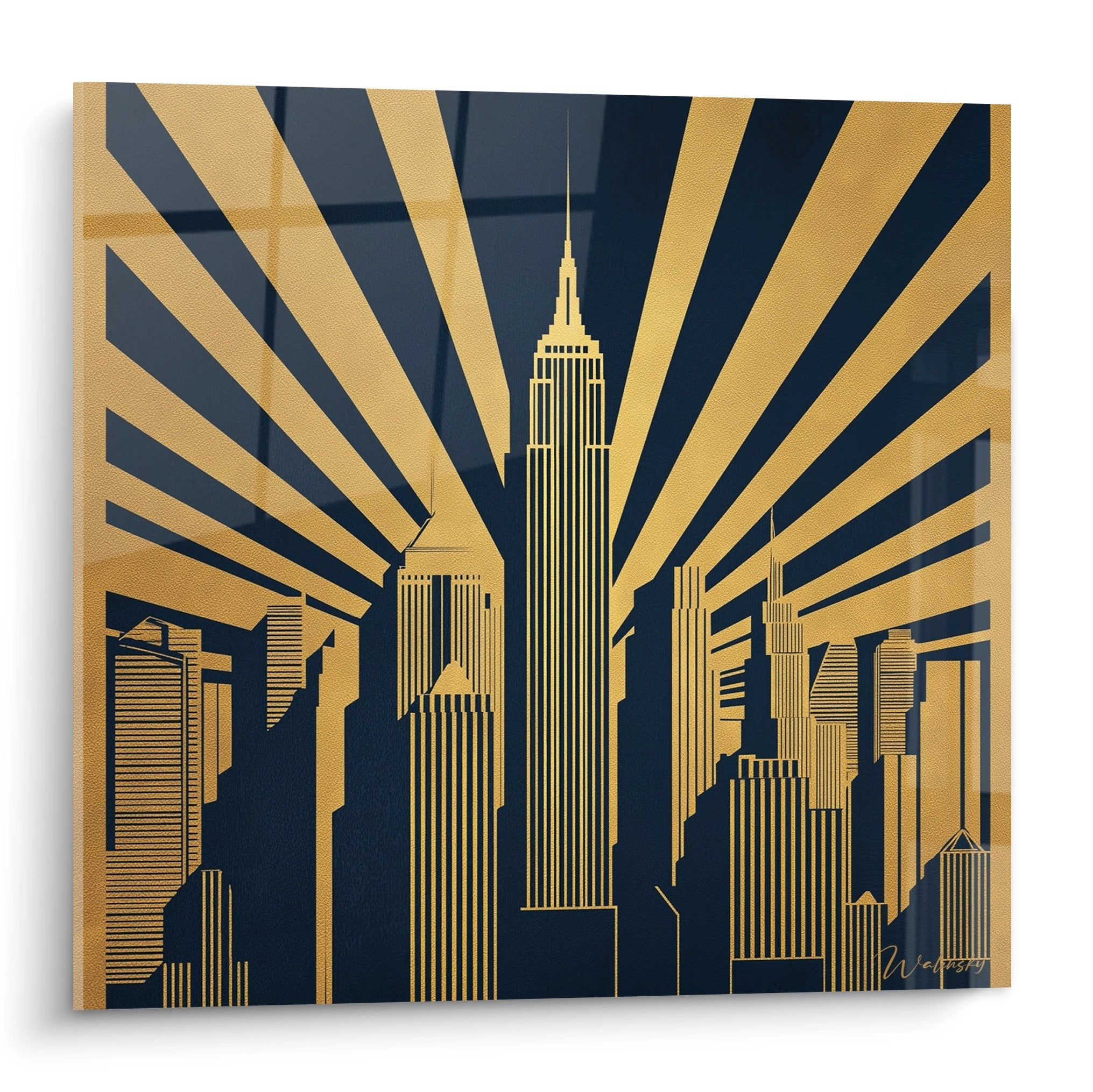 Tableau art déco représentant les gratte-ciel de Manhattan avec rayons dorés et Empire State Building au centre