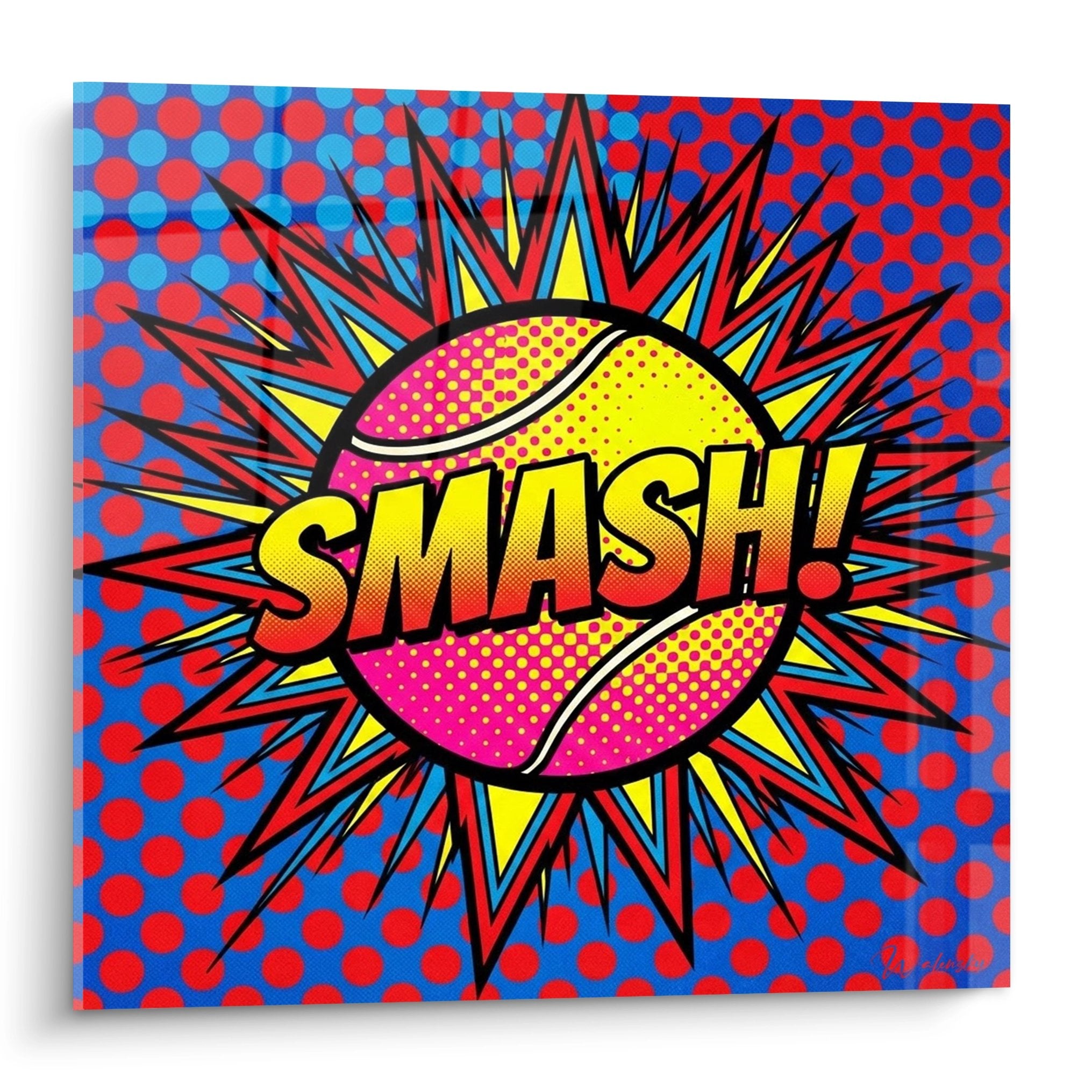Tableau pop art tennis avec explosion SMASH colorée style bande dessinée vintage sur fond à pois rouge et bleu
