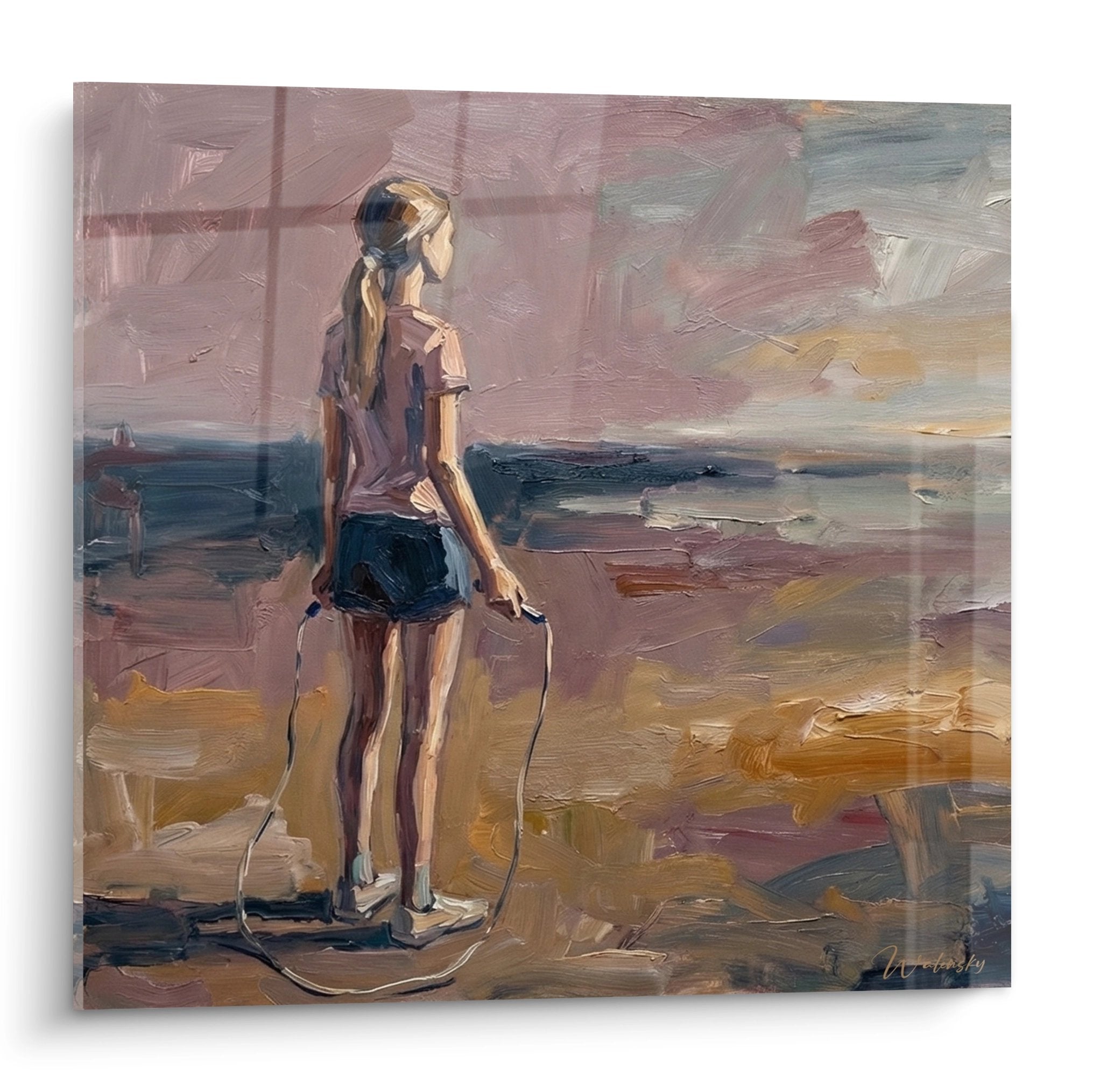 Tableau peinture femme corde à sauter vue de dos tons roses et ocres style moderne contemporain