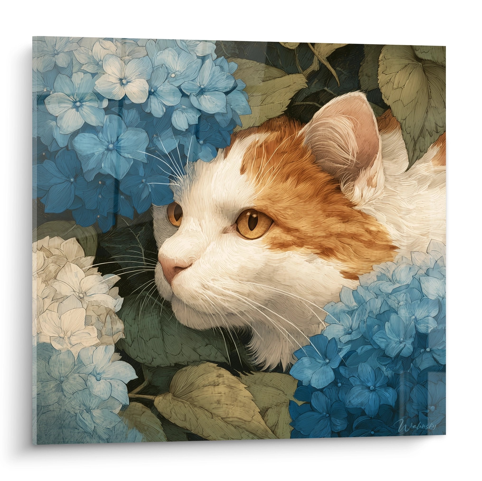 Tableau artistique chat Turkish Van roux et blanc parmi hortensias bleus, yeux ambrés, style réaliste décoratif