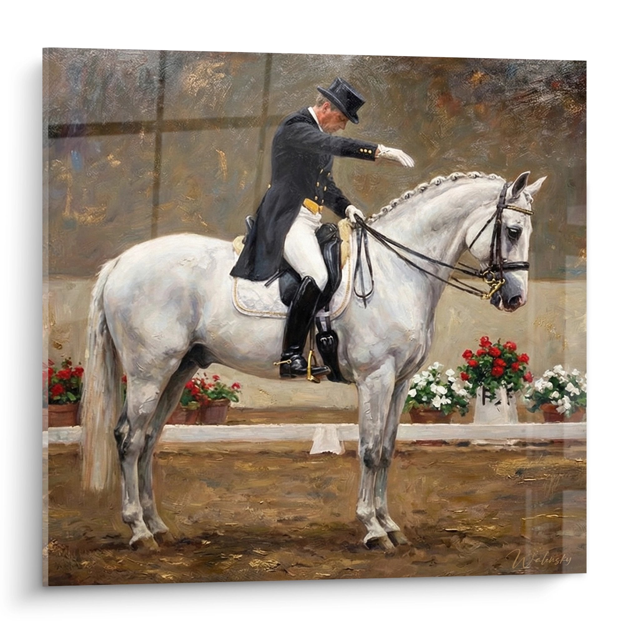 Quadro dressage cavaliere abito nero cavallo bianco maneggio coperto arte equestre decorazione