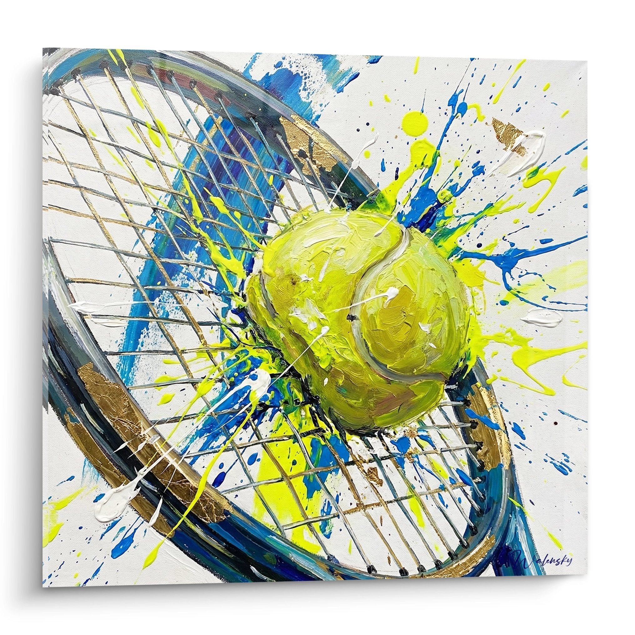 Tableau moderne tennis impact balle raquette explosion couleurs vives jaune bleu