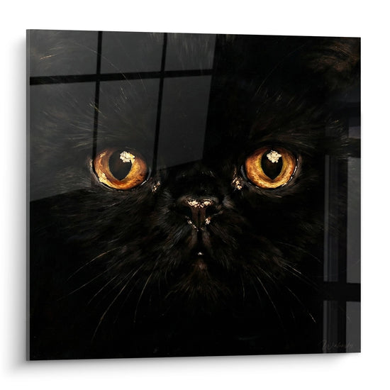 Künstlerisches Gemälde schwarze Katze mit großen bernsteinfarbenen Augen, Katzen-Wandkunst Exotic Shorthair für Innendekoration