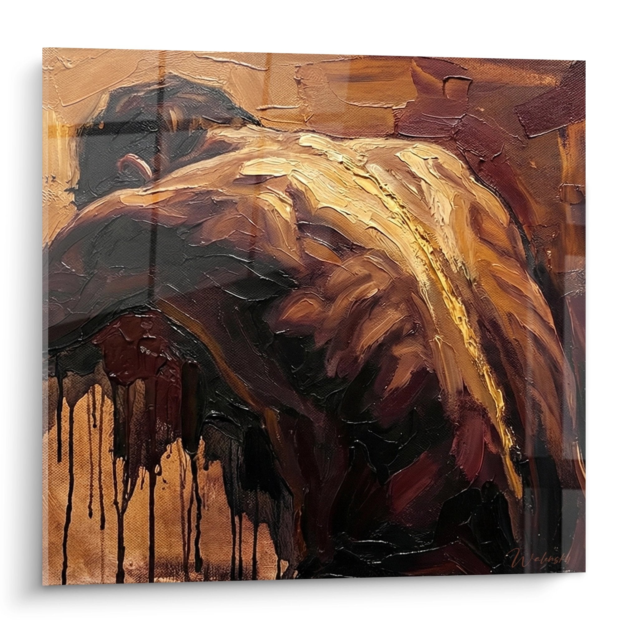 Tableau abstrait aux tons bruns et ocre représentant la force brute pour décoration salle de musculation