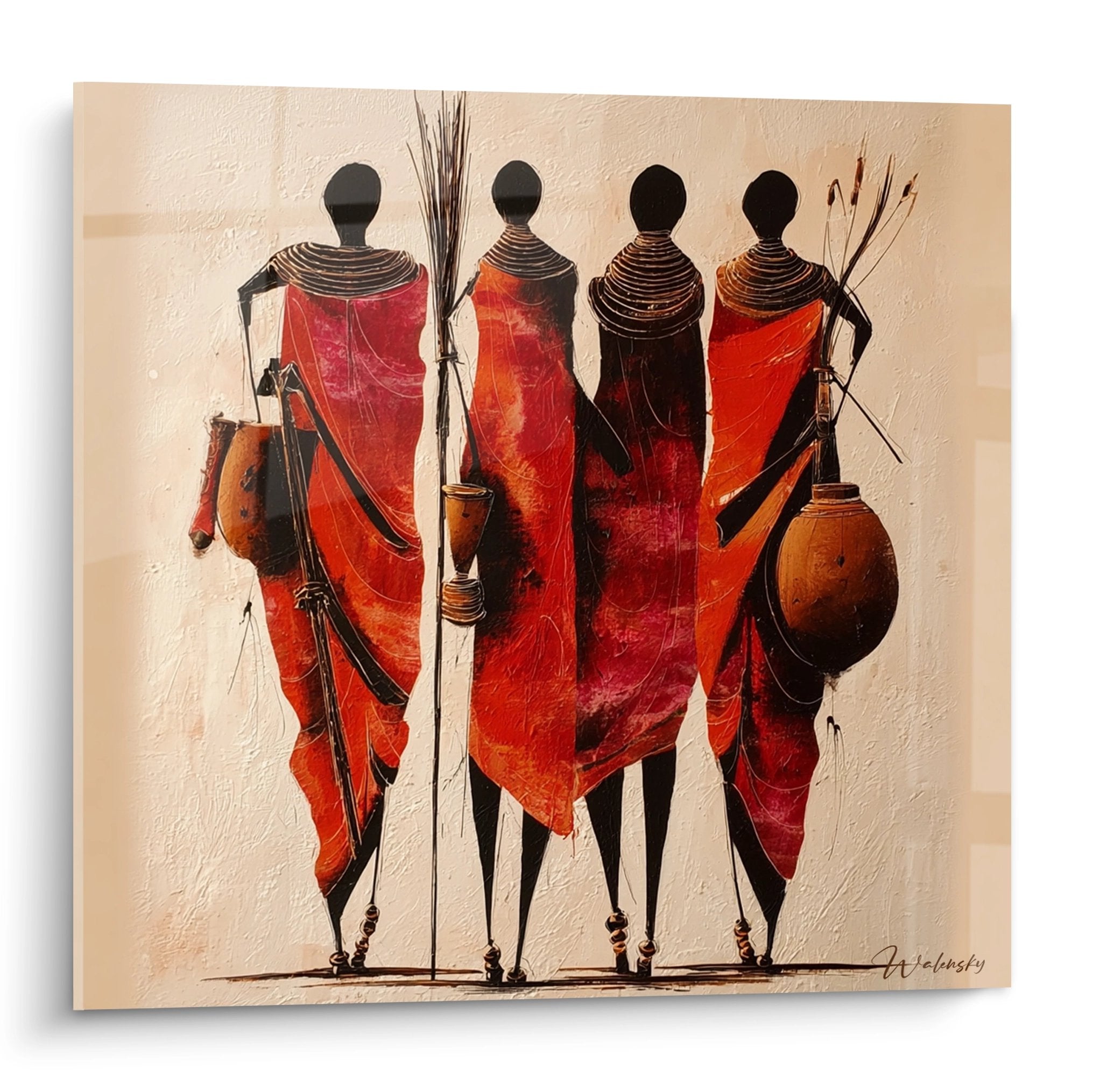 Quadro arte africana che rappresenta quattro guerrieri Maasai in marcia con lance e zucche nei toni rosso ocra