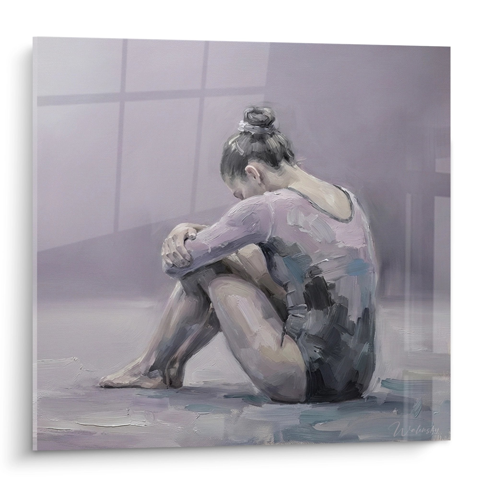 Tableau peinture danseuse assise en méditation, justaucorps rose, style impressionniste, tons violets