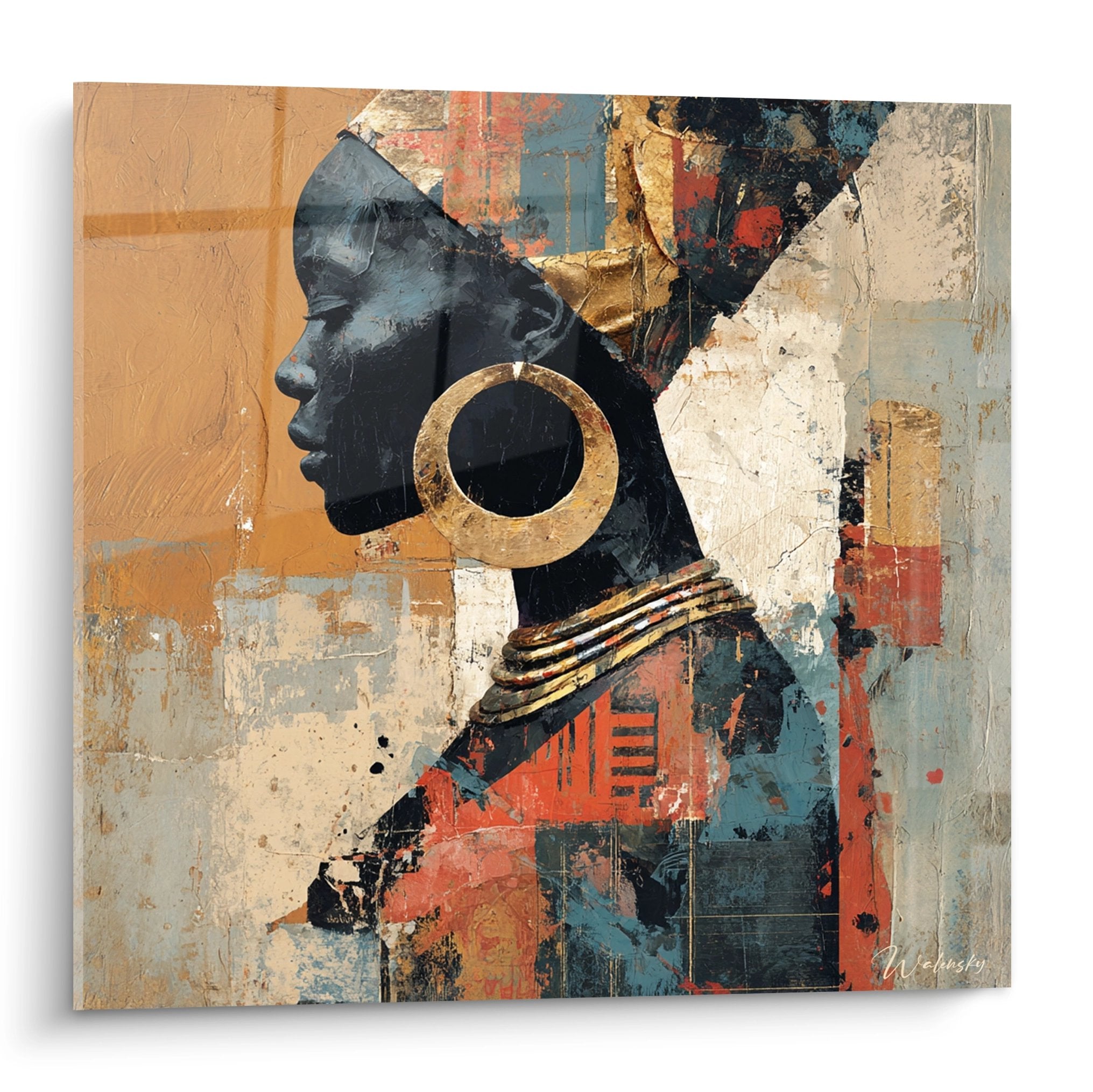 Ritratto artistico donna africana profilo toni dorati terracotta arte murale contemporanea etnica decorazione