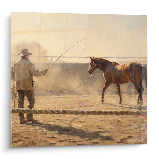 Quadro western che mostra un cowboy che addestra un cavallo baio alla longia in un maneggio polveroso