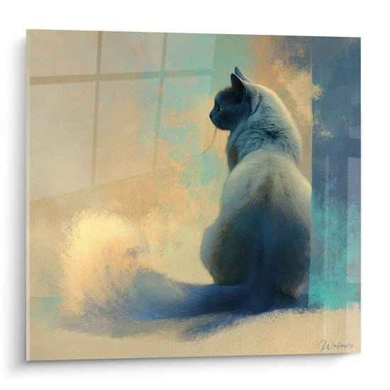 Quadro arte murale gatto American Bobtail seduto davanti a finestra luce dorata atmosfera contemplativa decorazione felina