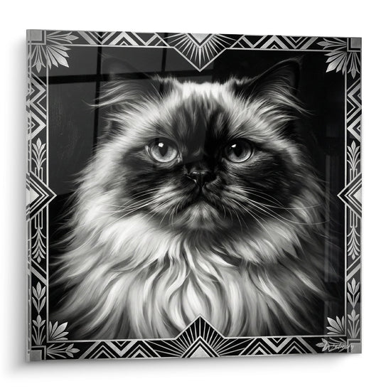Portrait artistique noir et blanc chat Himalayan yeux bleus avec cadre décoratif Art Déco géométrique