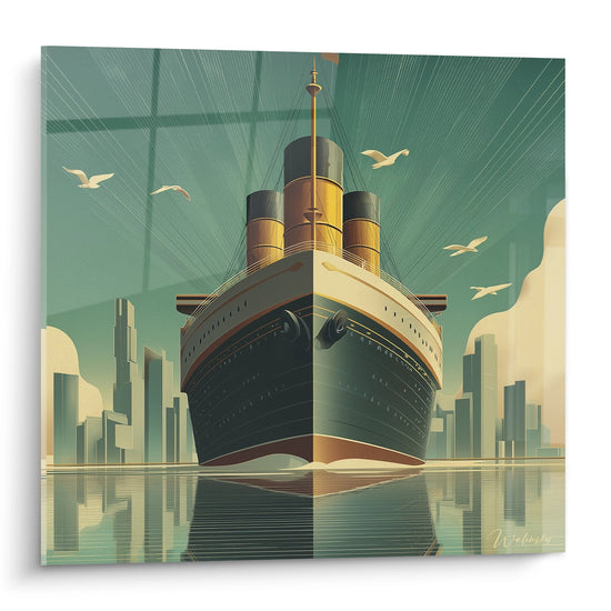 Quadro art déco che rappresenta un maestoso transatlantico con tre camini dorati che naviga verso uno skyline urbano