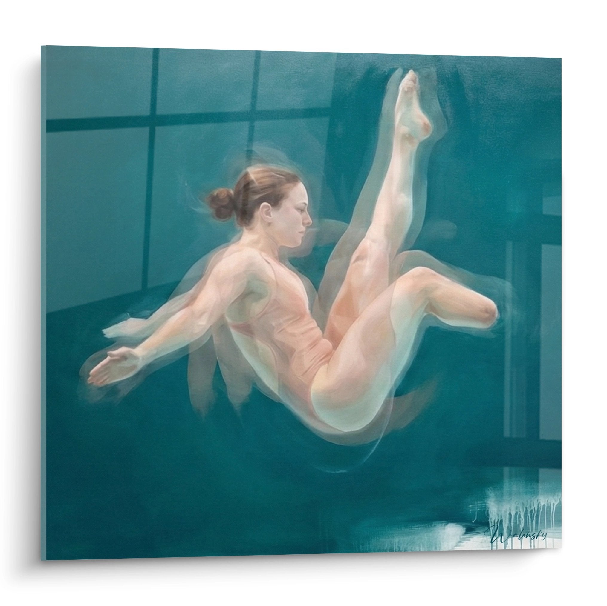 Tableau moderne représentant une nageuse paralympique en mouvement sous l'eau dans des tons turquoise