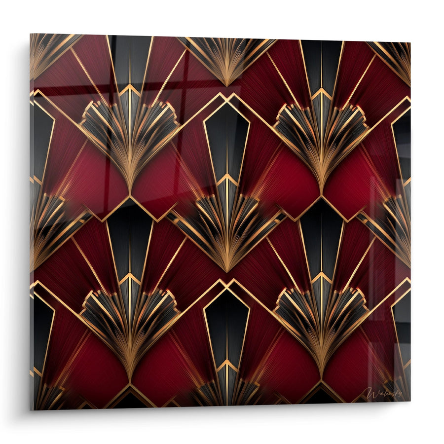 Tableau Motifs Géométriques - Éventails Dorés Bordeaux - Edition Art déco