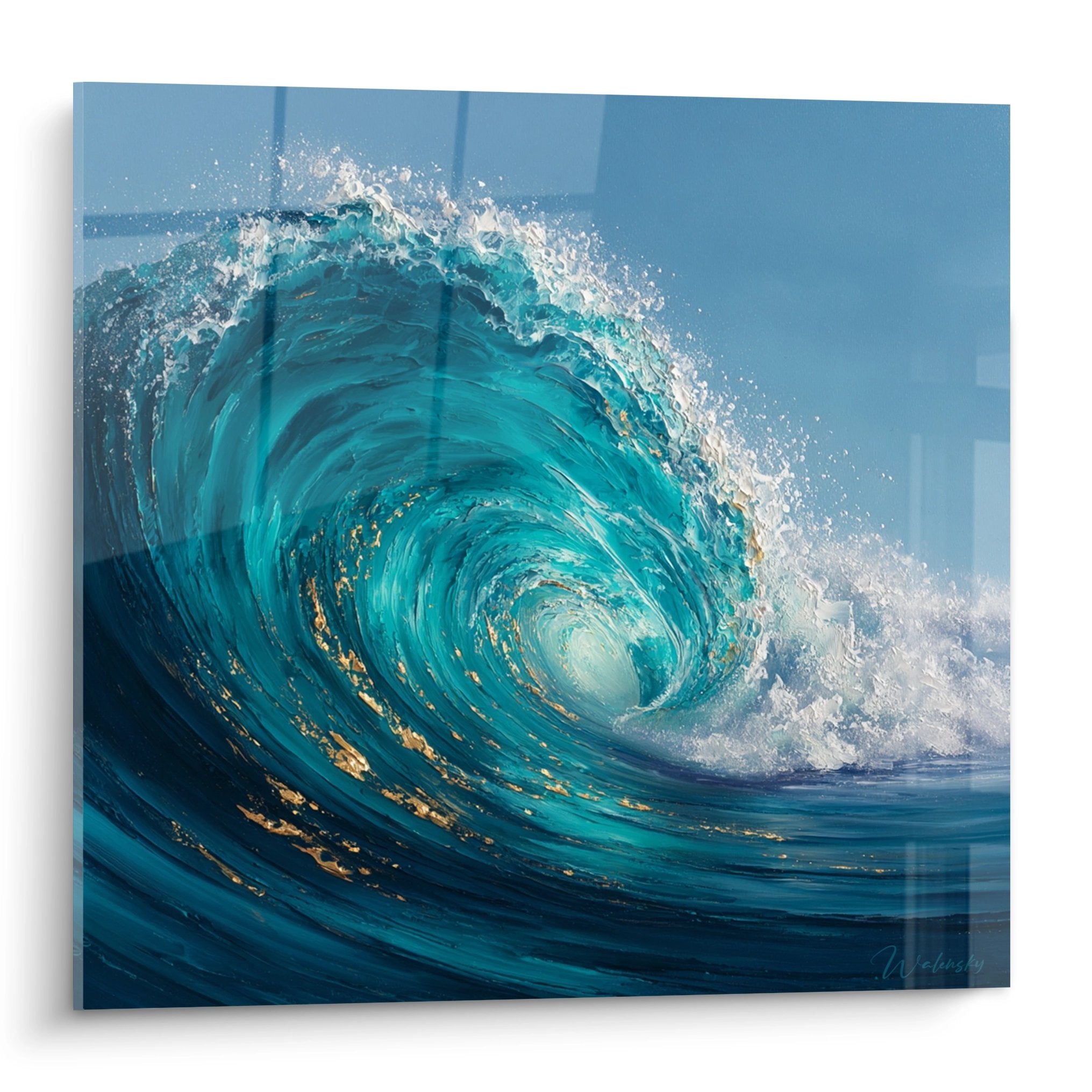 Tableau vague déferlante formant un tube parfait avec reflets dorés et écume blanche sur fond bleu turquoise