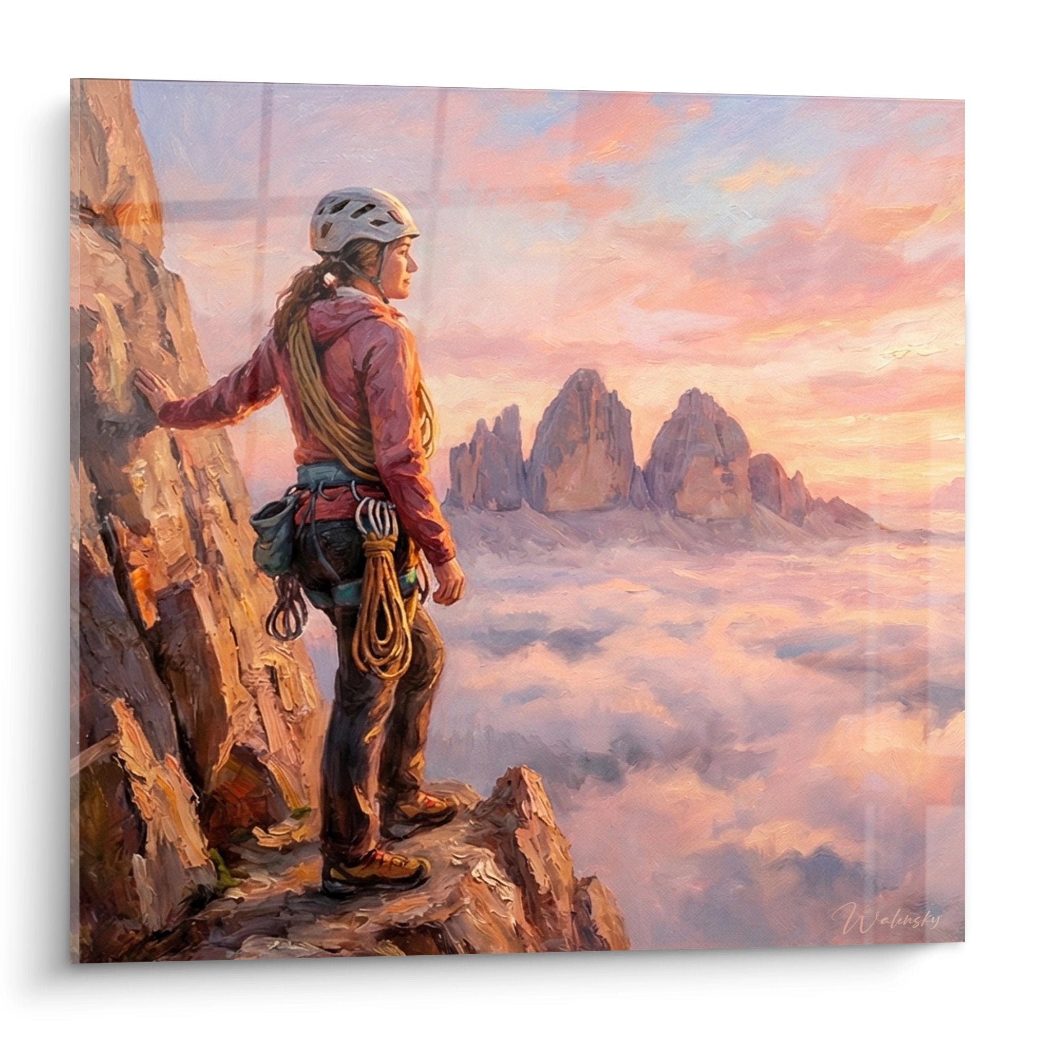 Tableau escalade grimpeur contemplatif au sommet montagne avec panorama nuages dores et pics rocheux majesteux