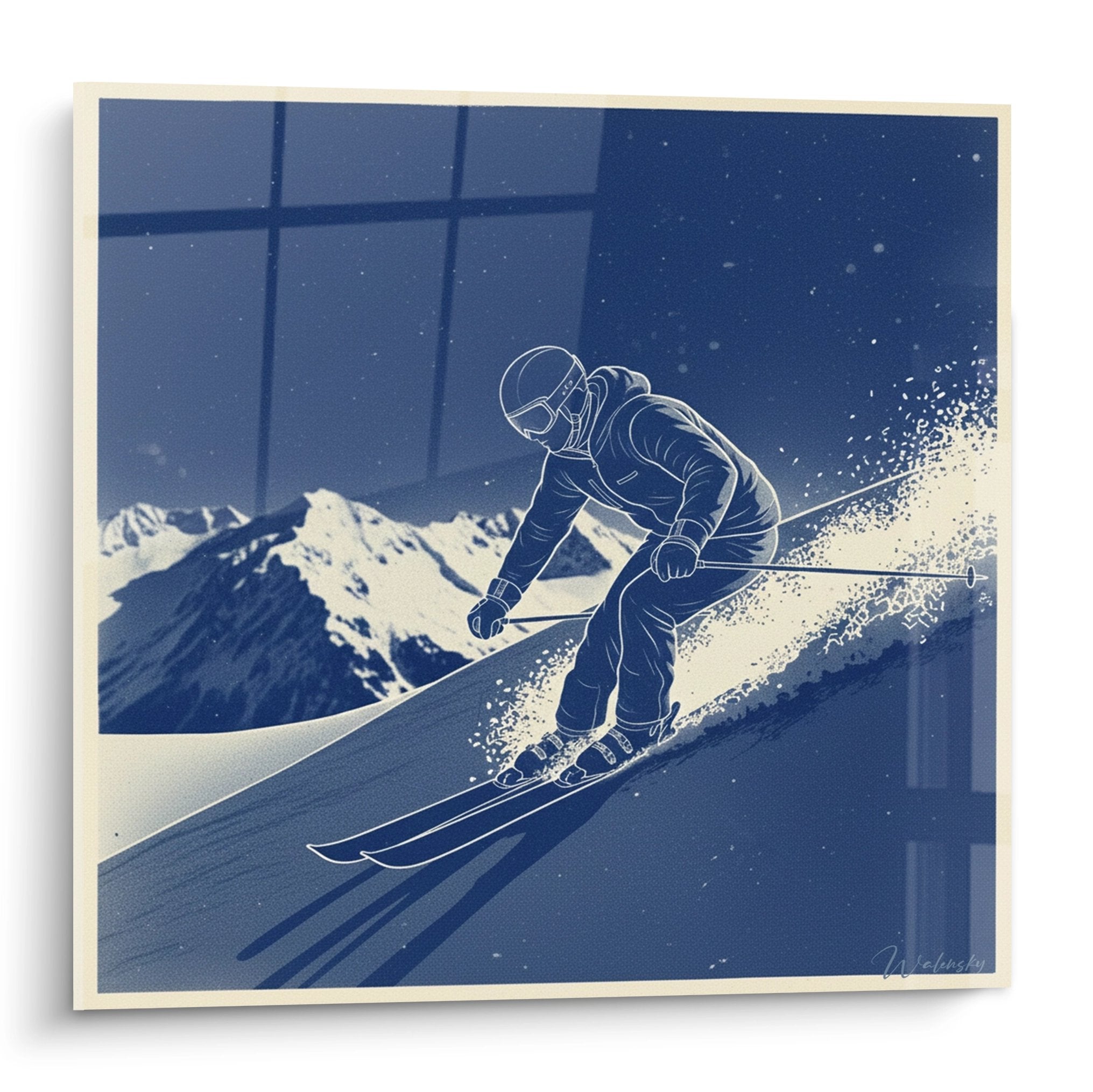 Tableau artistique d'un skieur en descente dans la poudreuse avec montagnes enneigées en arrière-plan