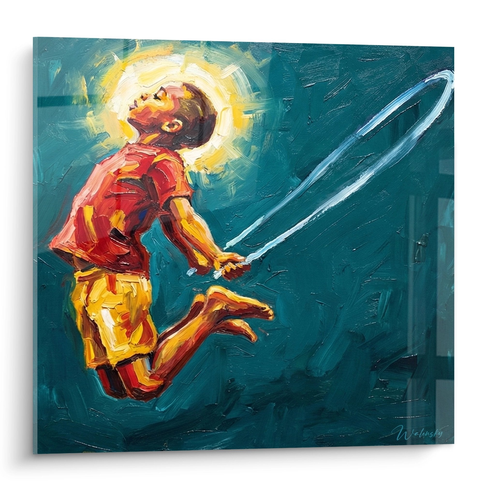 Tableau expressionniste enfant sautant corde halo lumineux fond turquoise rouge jaune art mural