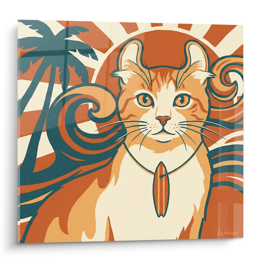 Tableau Chat American Curl Style Surf Vintage - Surfeur Tropical - Edition chat American Curl