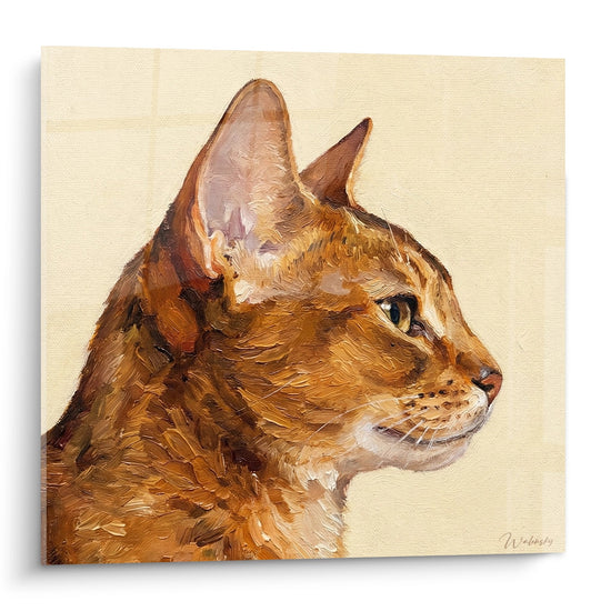 Painted portrait of ginger Abyssinian cat in profile on canvas, intense gaze and textured golden fur