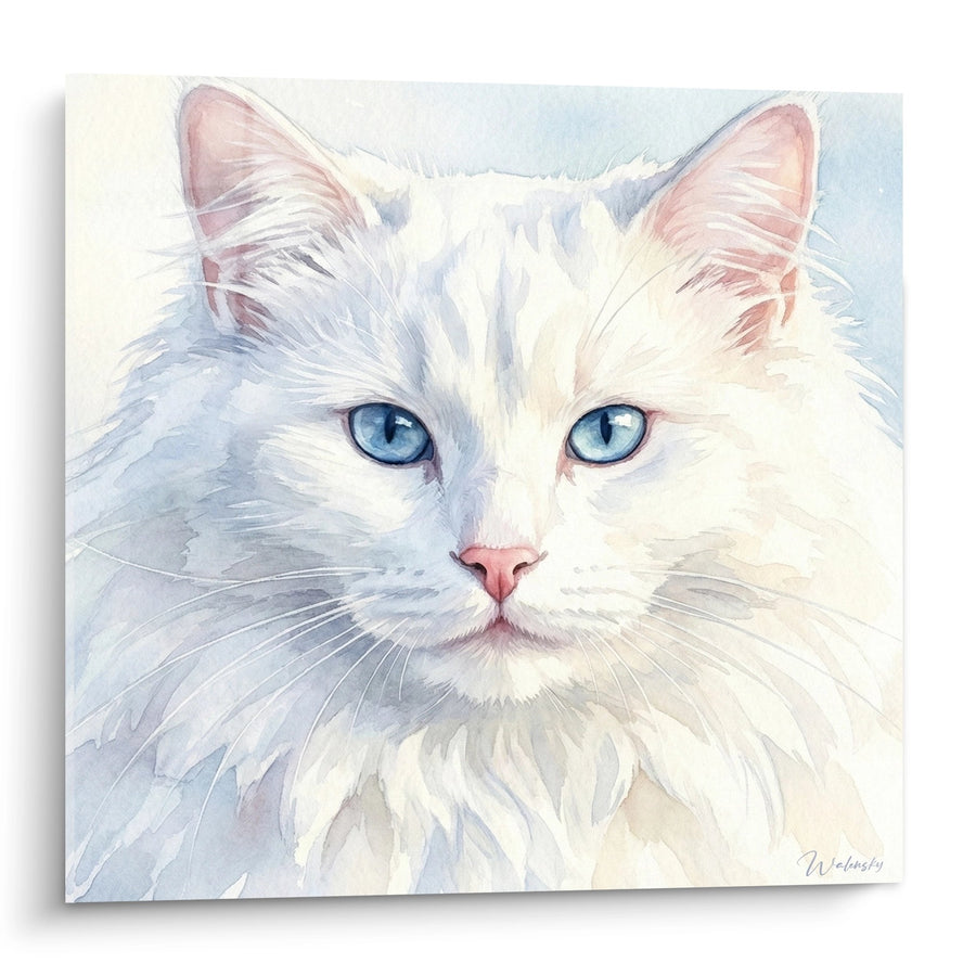 Tableau Chat aux Yeux Bleus - Portrait Aquarelle Blanc - Edition chat Norwegian Forest Cat