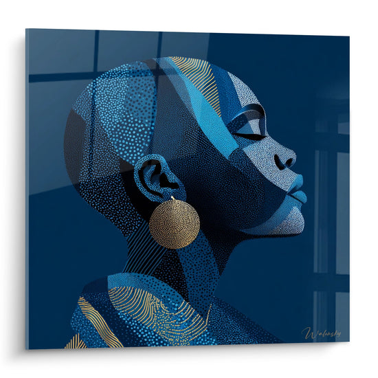 Tableau portrait stylise femme africaine profil motifs geometriques bleus dores art contemporain decoration murale