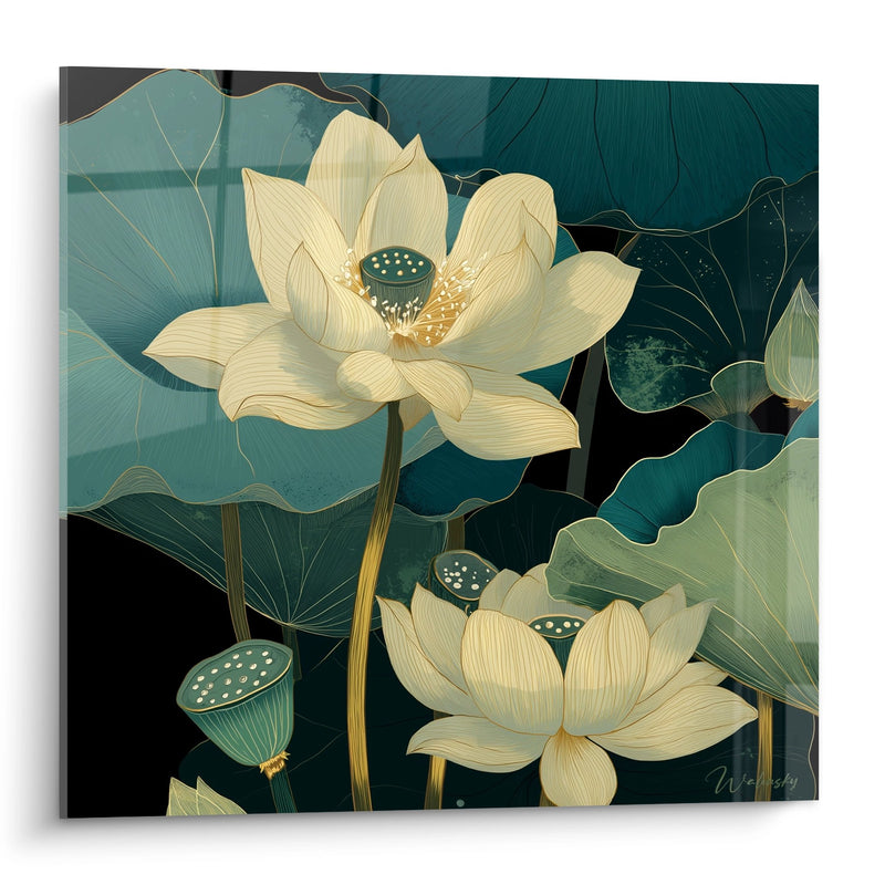 Lotus Flowers Wall Art - Aquatic Serenity - Art Deco Edition