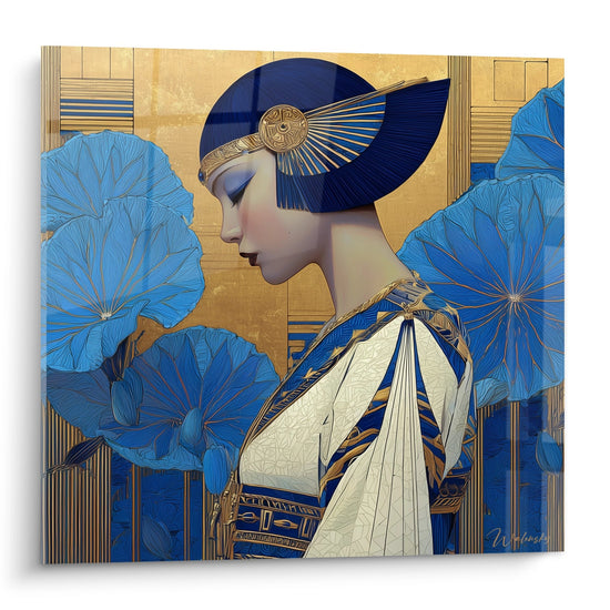 Art Deco Woman Wall Art - Oriental Elegance with Blue Lotus - Art Deco Edition