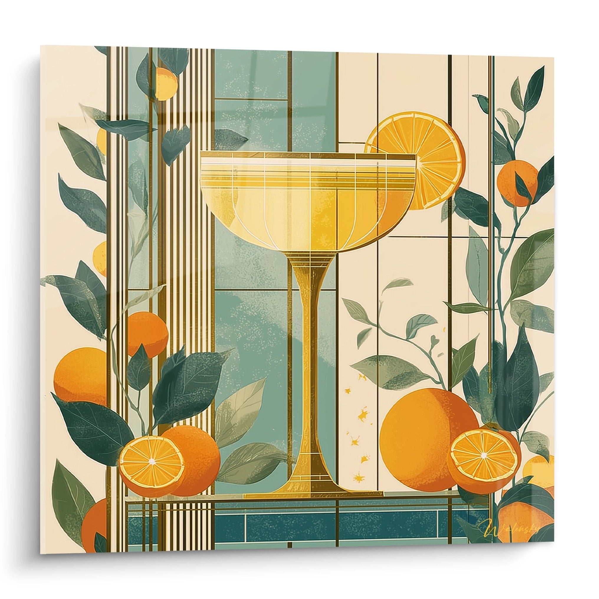 Tableau art deco cocktail orange avec verre dore motifs geometriques et feuillage vert sur fond creme