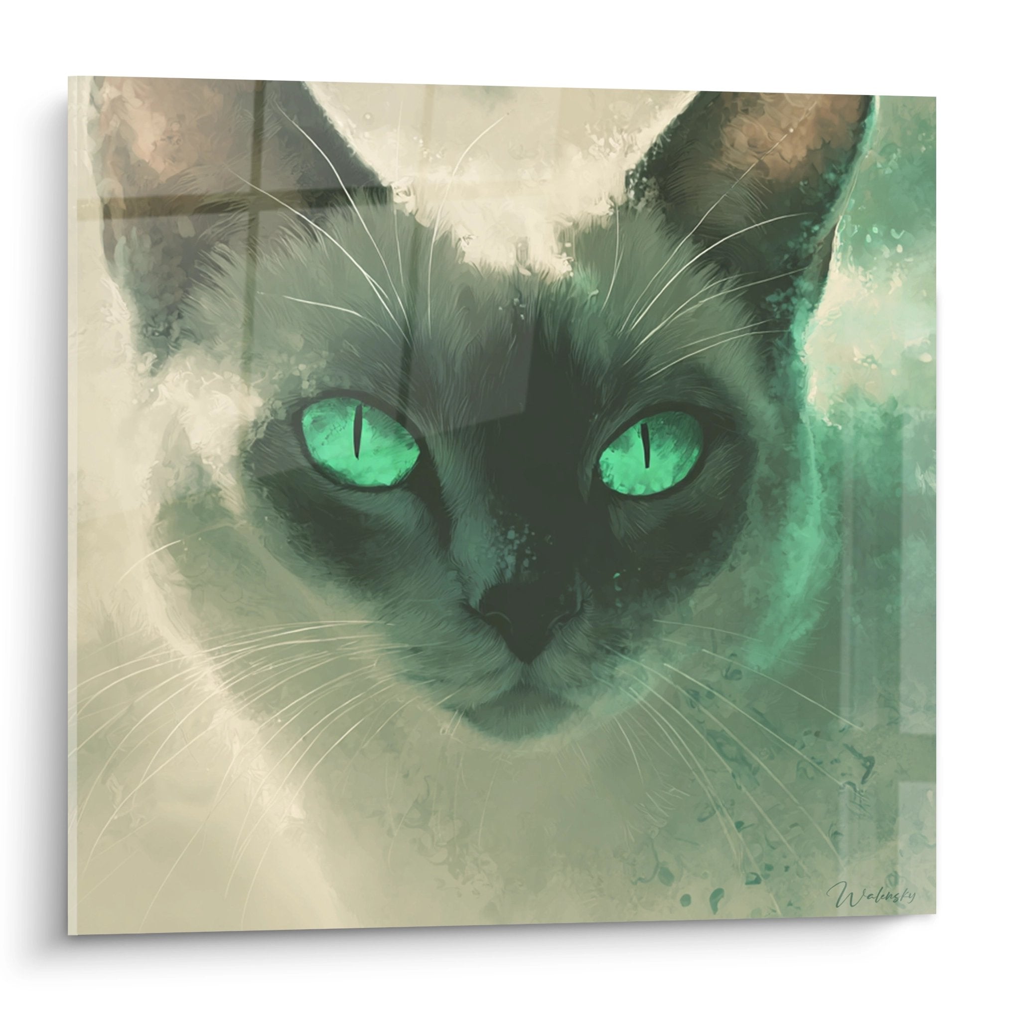 Tableau artistique d'un chat aux yeux verts émeraude perçants sur fond beige et vert, style pictural moderne