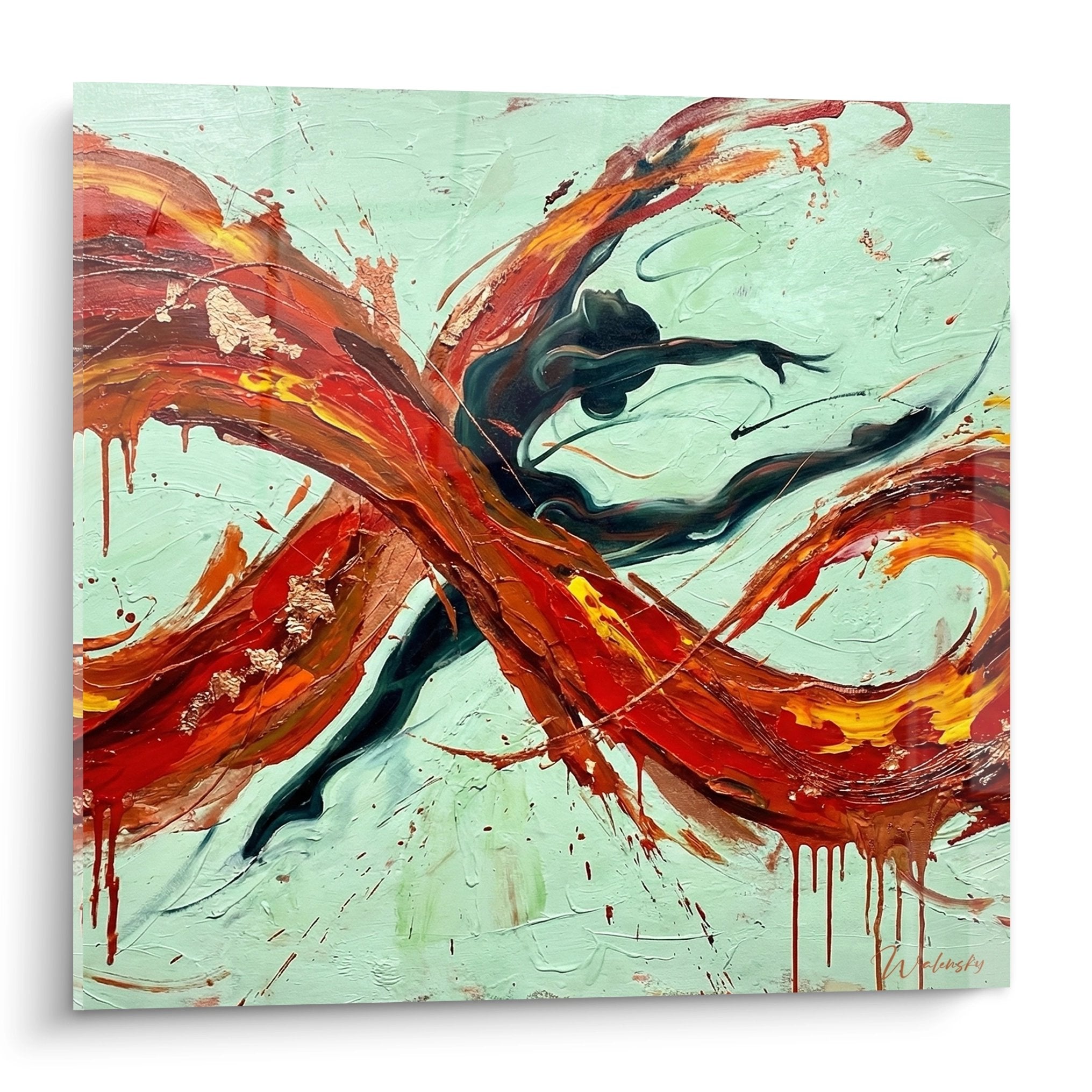 Tableau abstrait mouvement dynamique rouge orange sur fond vert menthe art moderne gestuel