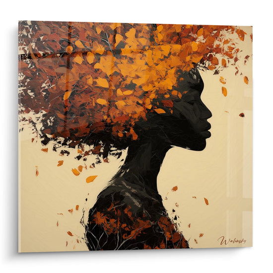 Quadro moderno donna africana profilo con capelli foglie autunno arancione rosso su sfondo beige