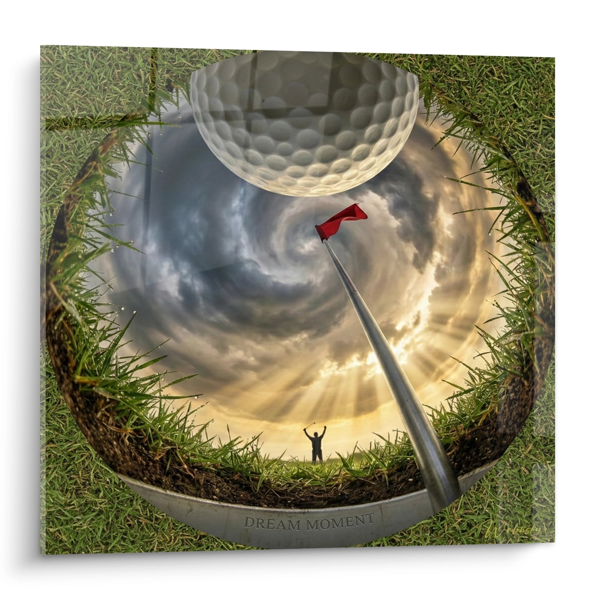 Tableau golf surréaliste Dream Moment montrant un hole in one avec perspective depuis l'intérieur du trou