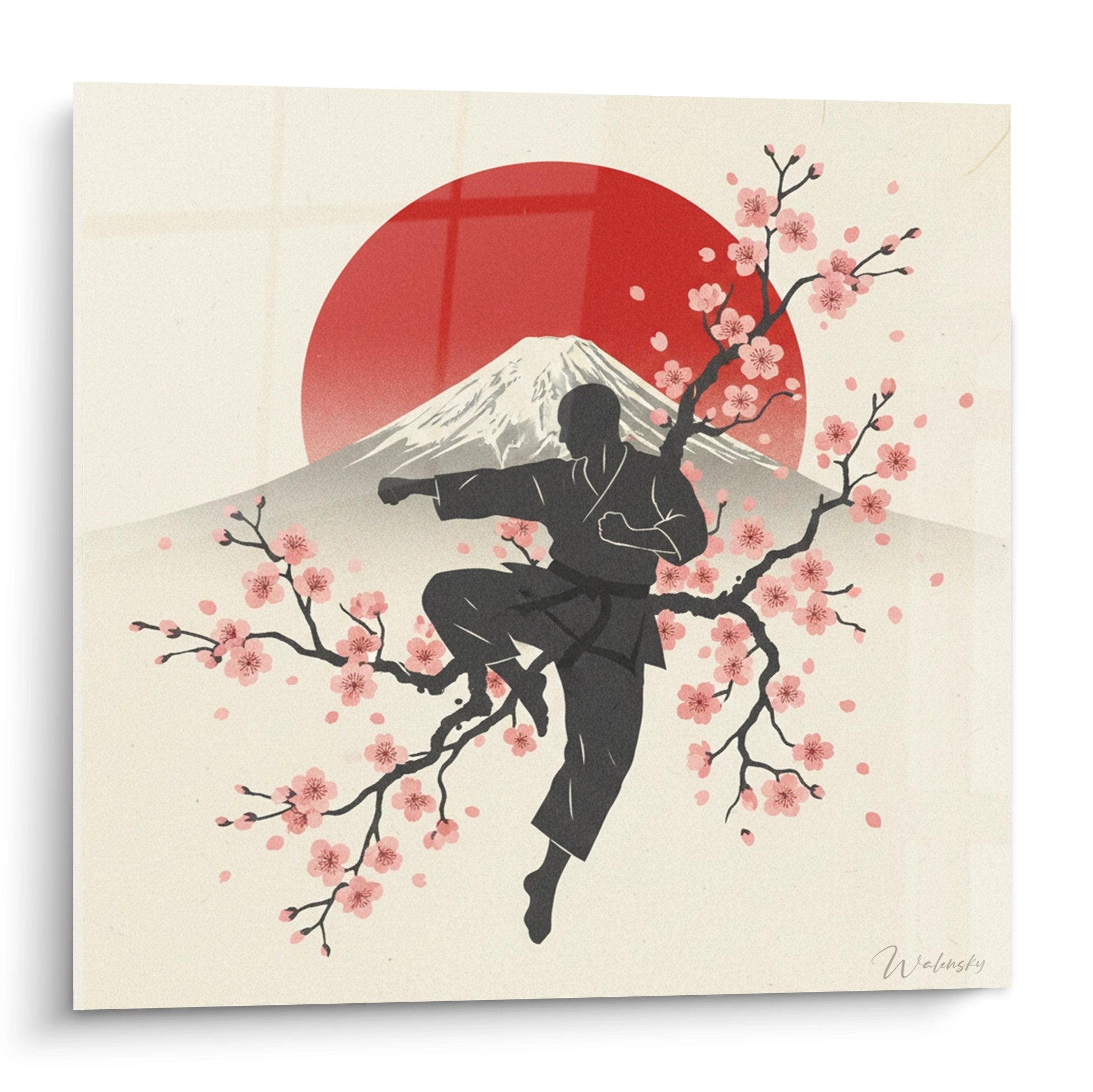 Tableau karateka silhouette noire position combat cerisiers fleurs roses Mont Fuji soleil rouge style japonais