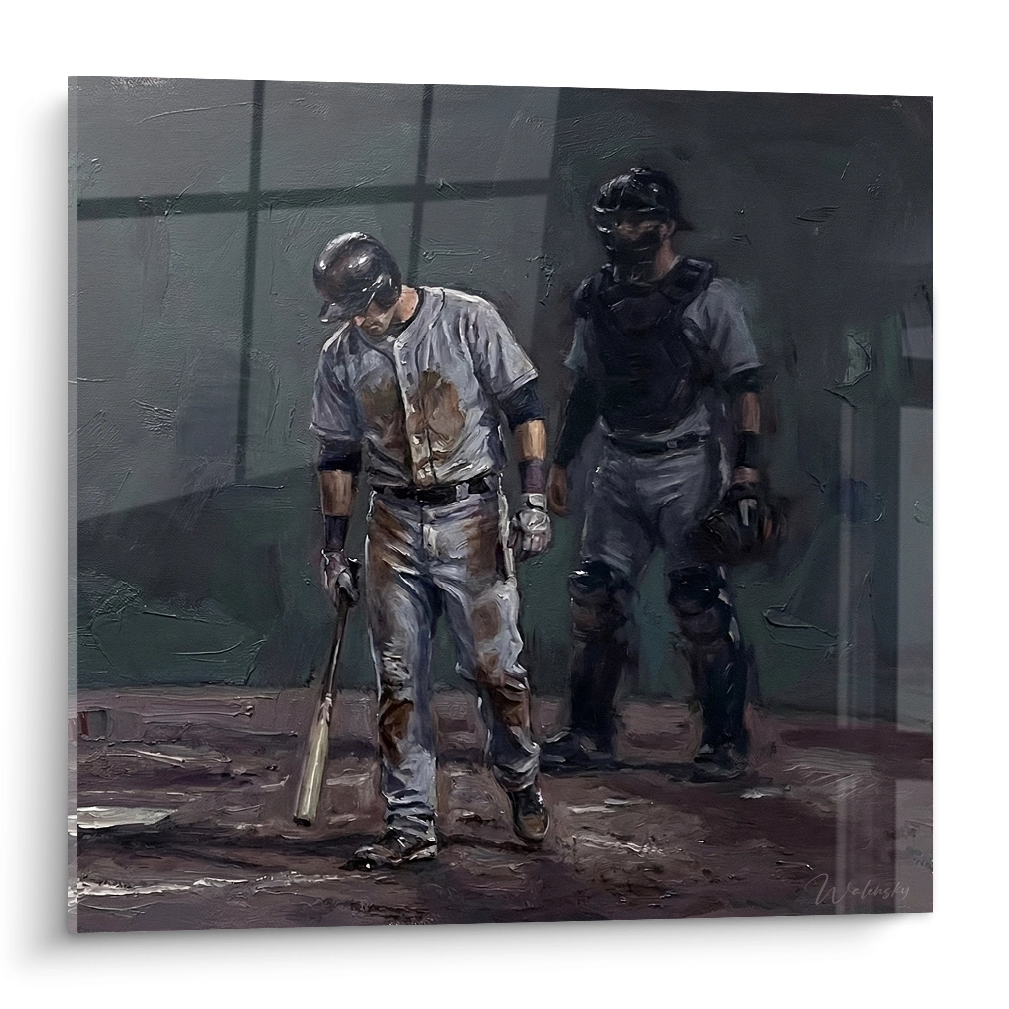 Tableau peinture deux joueurs baseball dans vestiaire après match, style réaliste avec batte