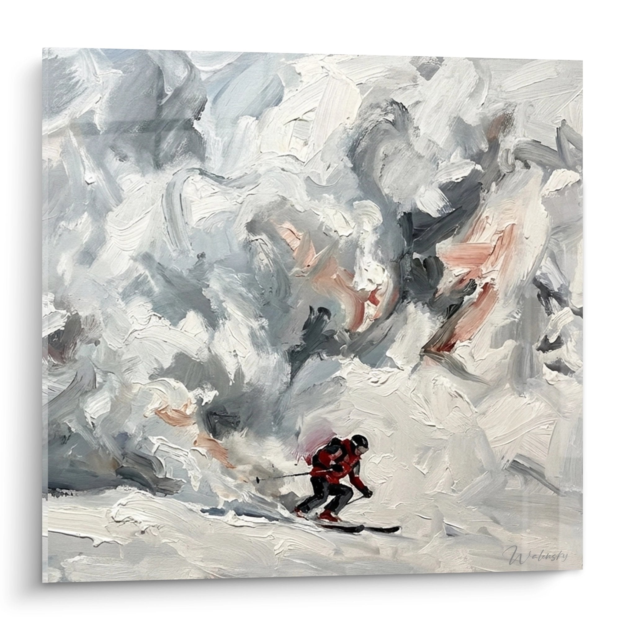Tableau peinture skieur rouge descendant dans tempête de neige, art décoratif ski montagne