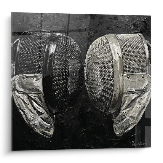 Tableau artistique representant deux masques d escrime face a face peints en noir et blanc sur toile