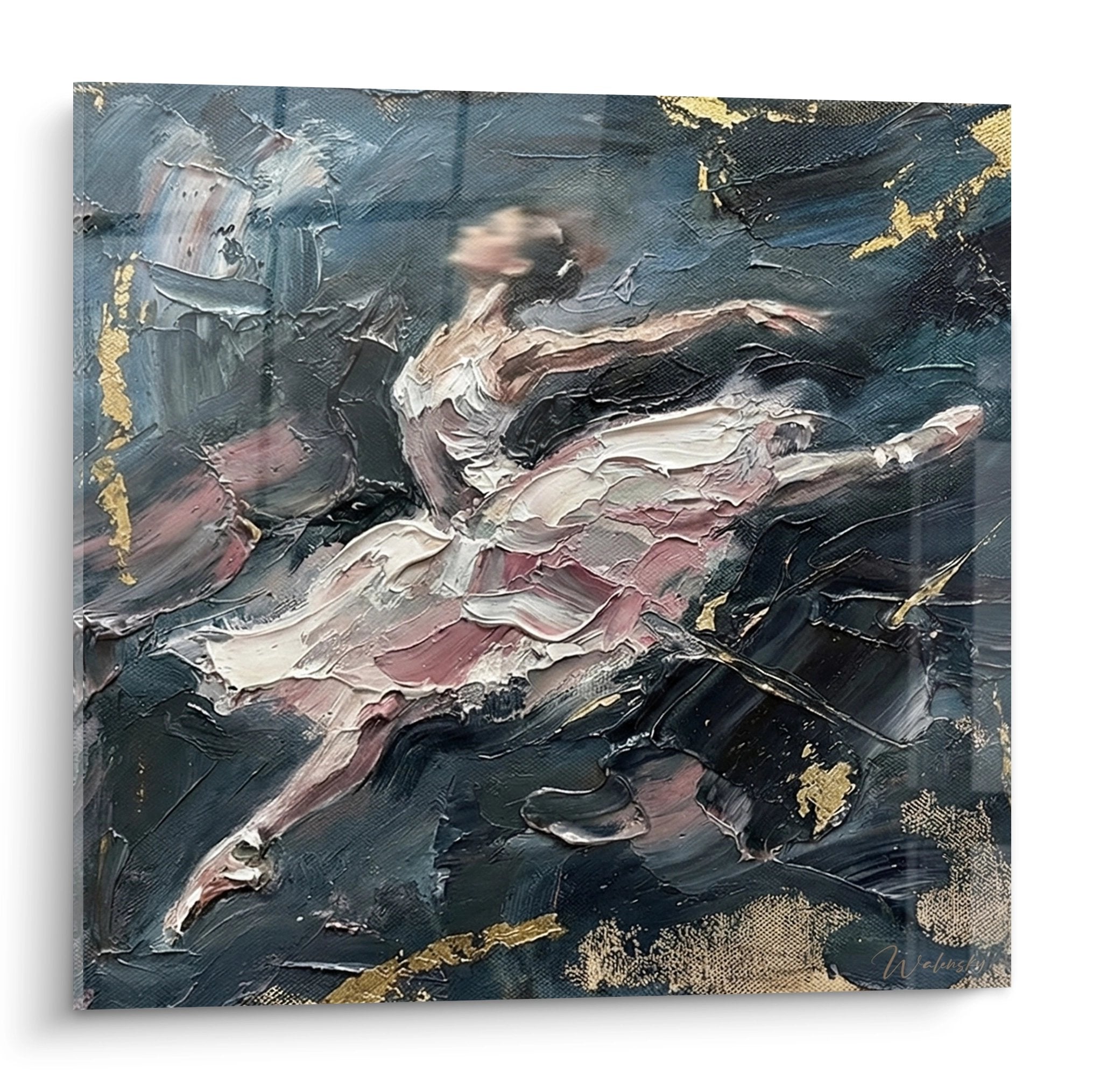 Tableau abstrait ballerine en mouvement tons bleus dores peinture danse moderne decoration murale