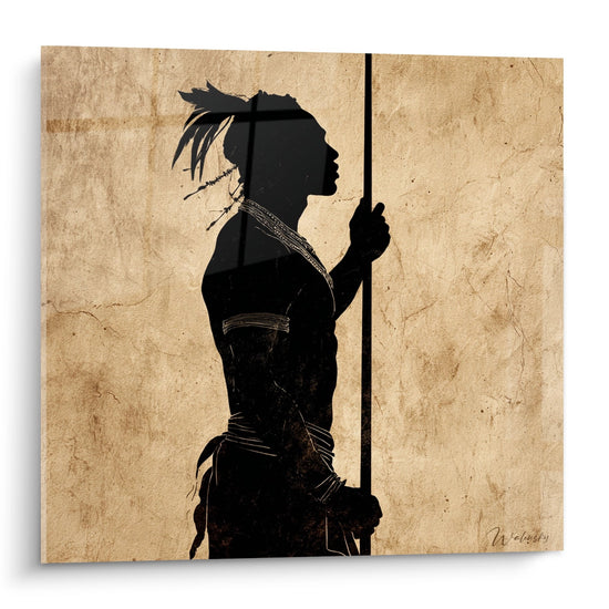Tableau mural guerrier africain en silhouette noire avec lance sur fond beige patiné style tribal