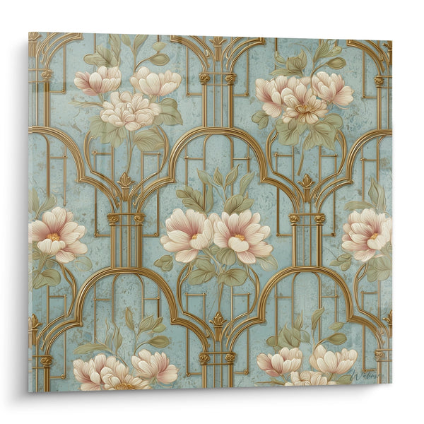 Cuadro Motivos Florales Art Deco - Arcadas Doradas y Peonías - Edición Art Decó