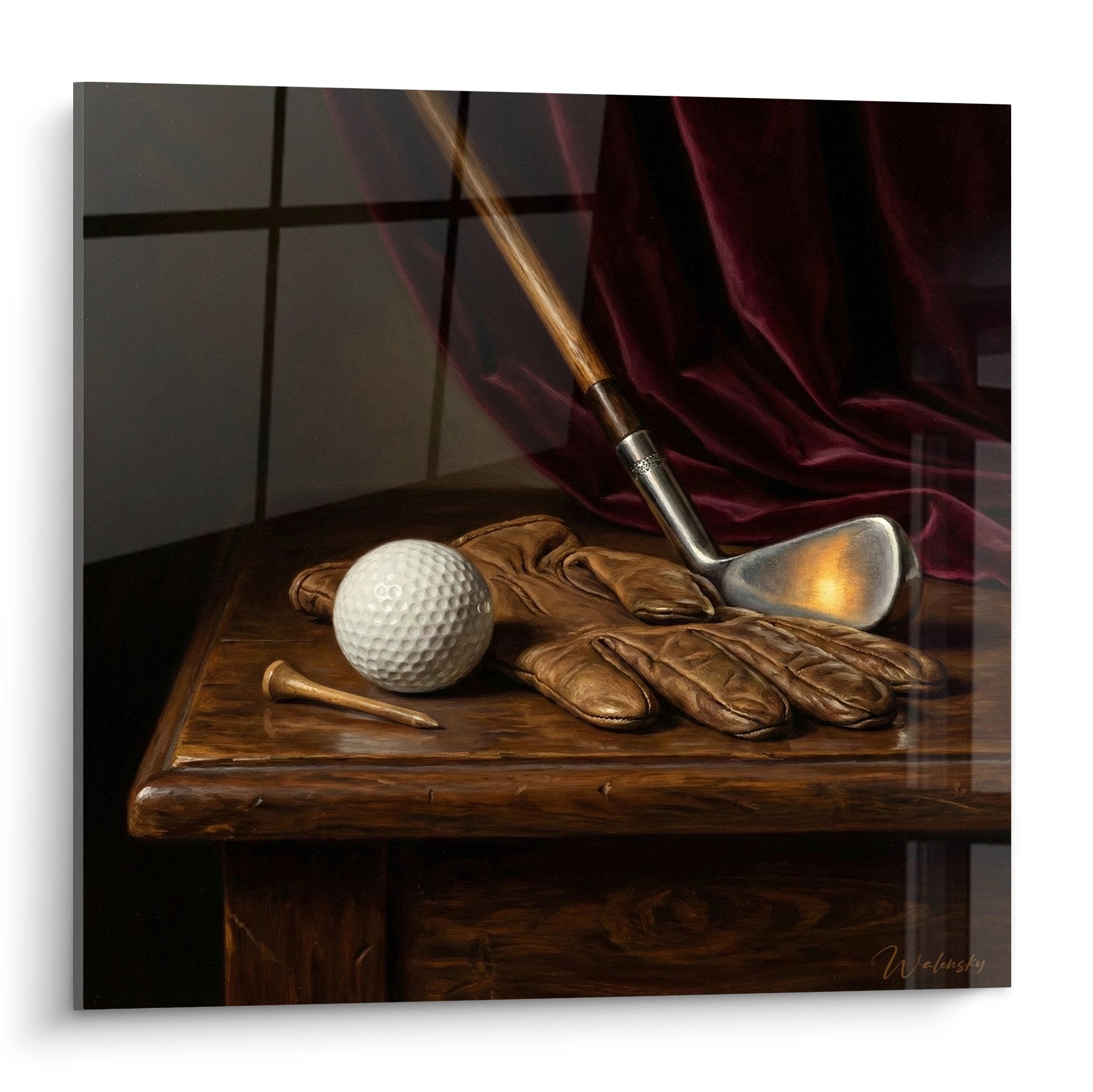 Tableau nature morte golf vintage avec balle, gants cuir et club sur table bois, draperie bordeaux arriere-plan