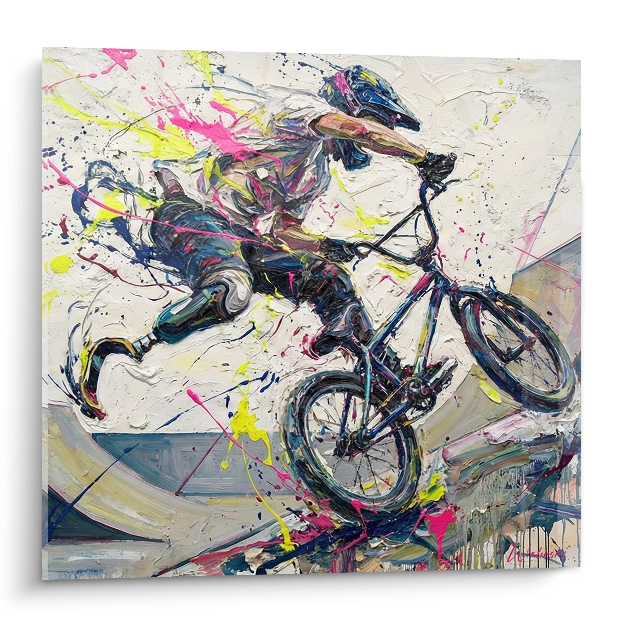 Tableau abstrait cyclisme paralympique avec cycliste en mouvement, couleurs vives bleu jaune rose