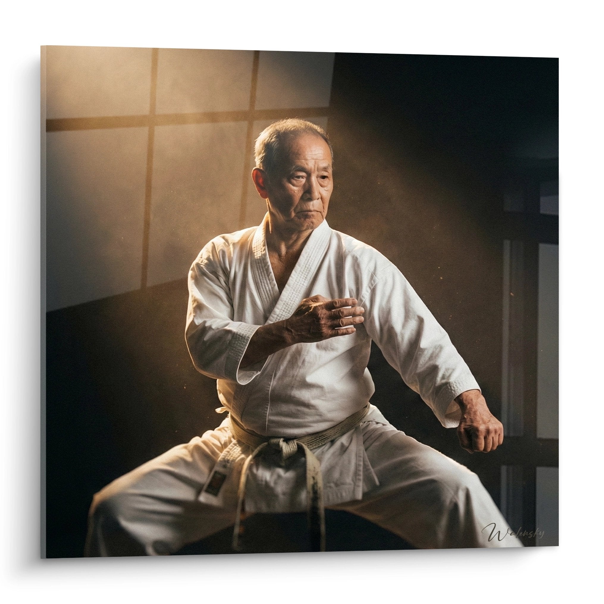 Tableau d'un maître karaté âgé en méditation, vêtu d'un gi blanc dans un dojo traditionnel japonais