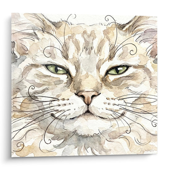 Schilderij Kat Aquarel Groene Ogen - Betoverende Blik - Editie kat Laperm