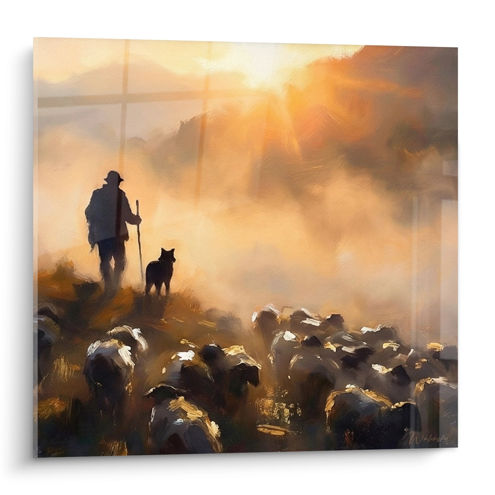 Tableau représentant un berger avec son chien et son troupeau de moutons dans la brume dorée matinale des Pyrénées