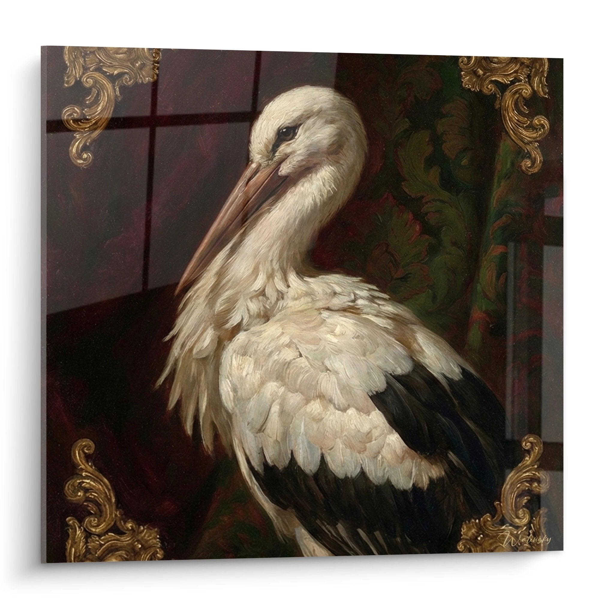 Tableau cigogne blanche majestueuse avec cadre baroque dore dans interieur elegant style classique