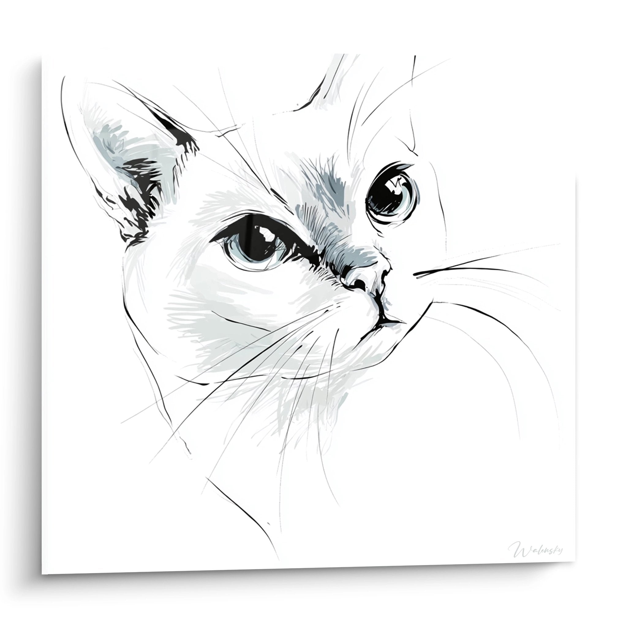 Tableau portrait chat Burmilla style minimaliste noir et blanc avec regard expressif pour décoration murale moderne