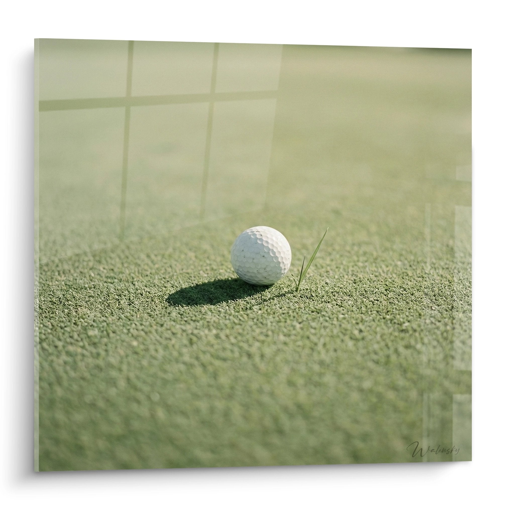 Tableau mural balle de golf blanche sur green parfait avec brin d'herbe - art golf pour décoration intérieure