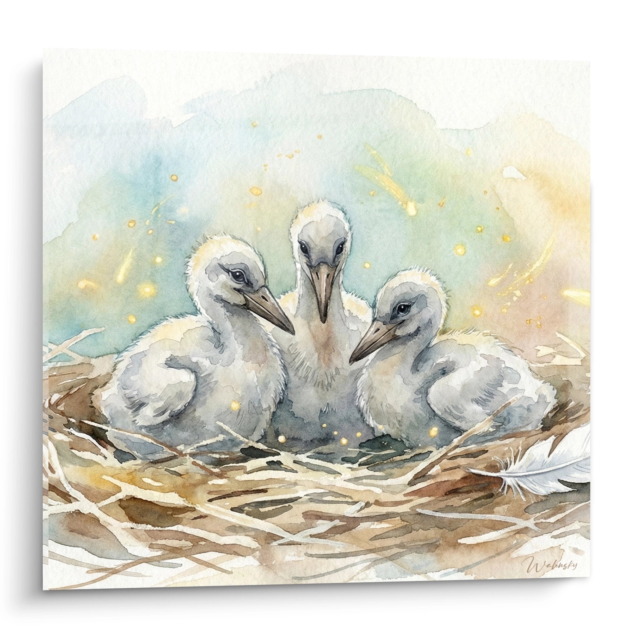 Tableau aquarelle trois cigogneaux gris et blanc dans nid de branchages, style artistique doux et poetique