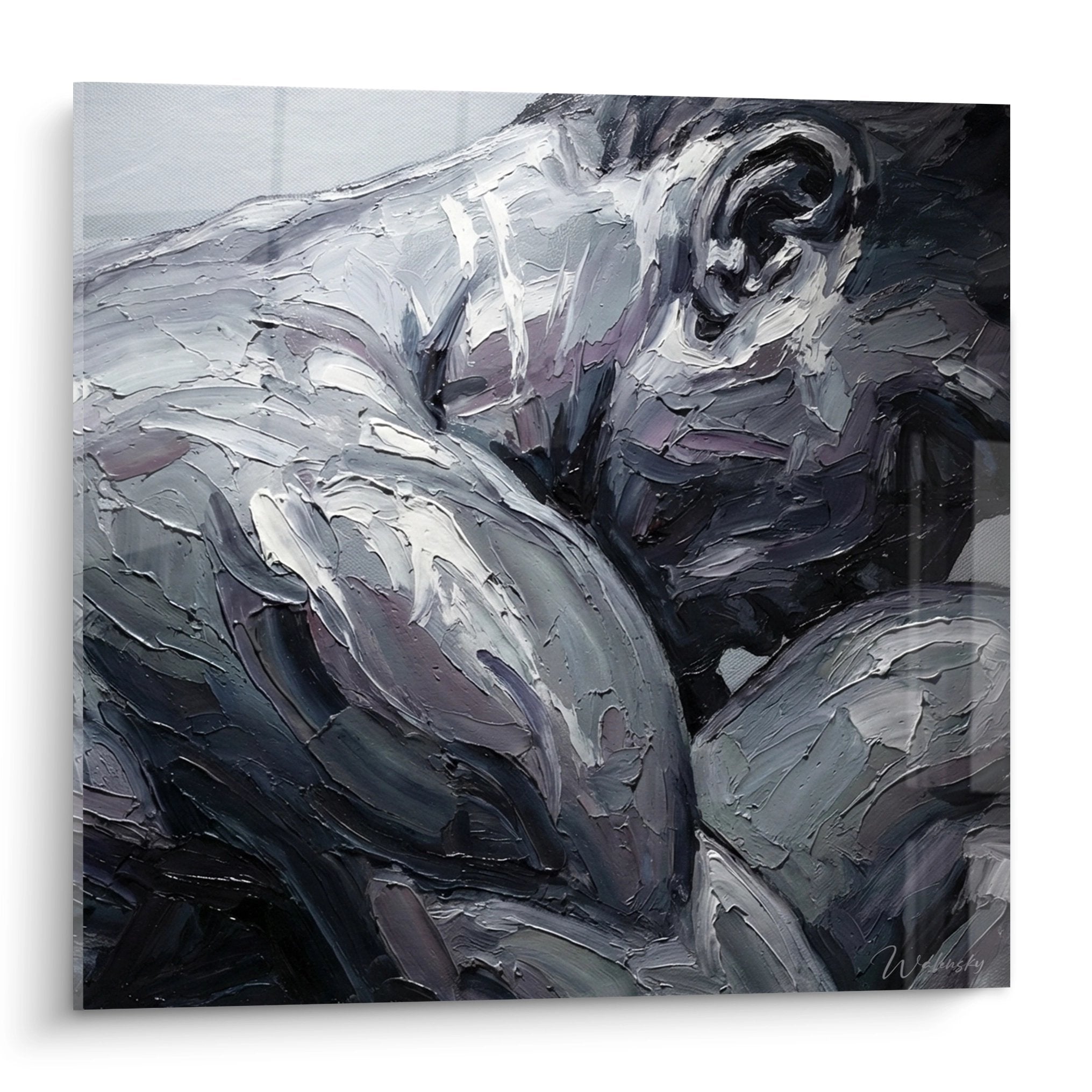 Tableau peinture athlète en effort, style expressionniste noir et gris pour décoration salle musculation